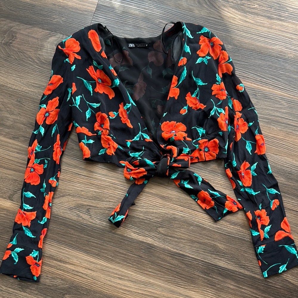 Floral Black and Red Wrap Top
